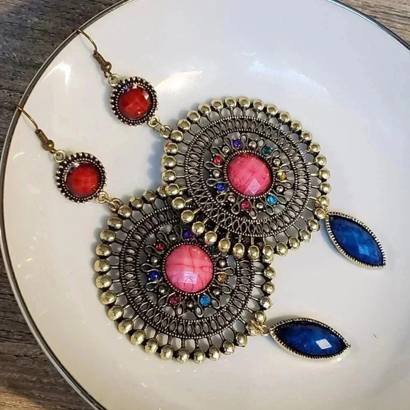 Vintage Neo Victorian Glam Long Faux Stone Dangle Earrings - Picture 3 of 8